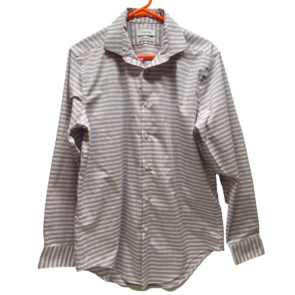 Calvin Klein Dress Shirt Men's Medium Pink Stripe Infinite Non-Iron Long Sleeve